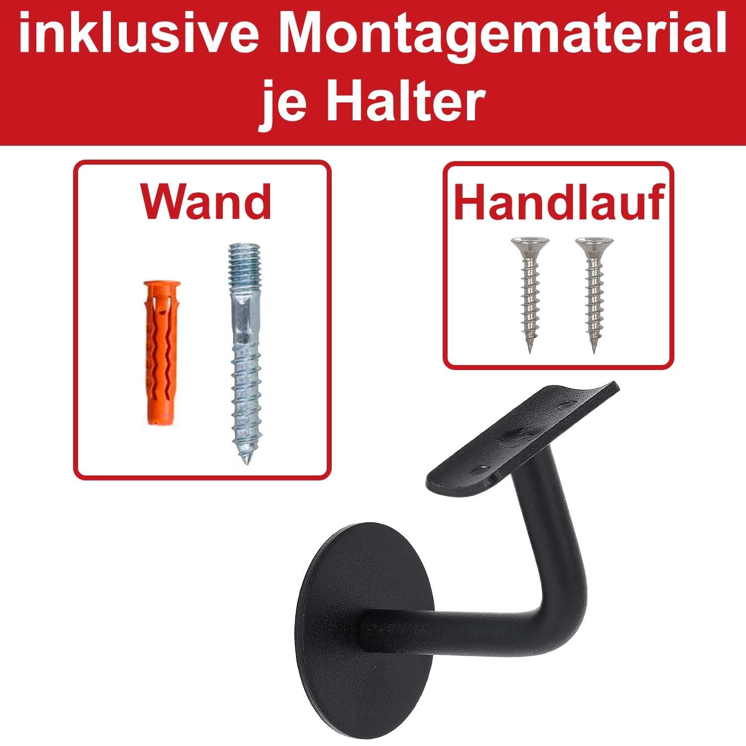 TIBU Eiche keilgezinkt Holz Handlauf Geländer 0,3m - 6m, Länge 80 cm und 2 Edelstahl Halter Schwarz