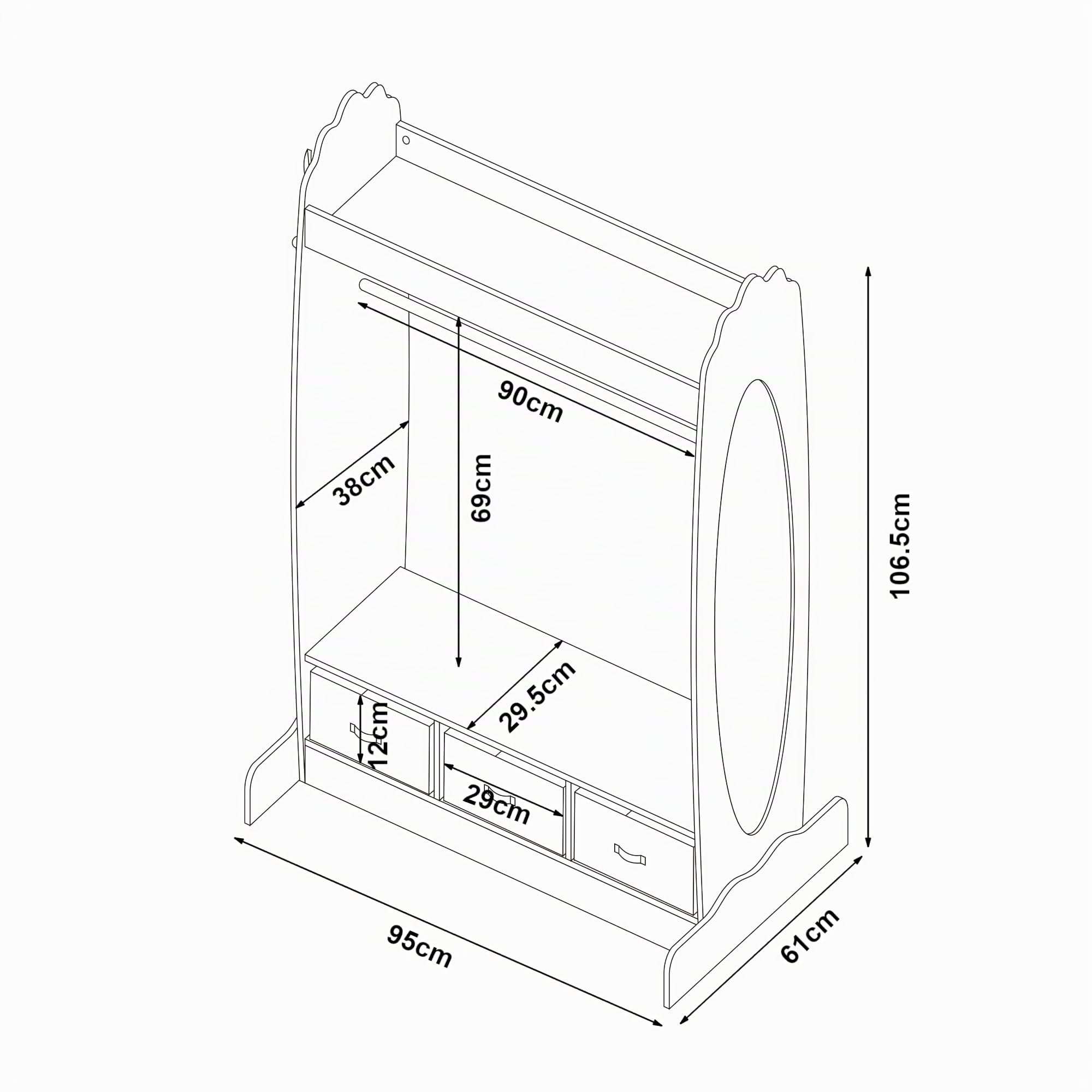 [en.casa] Armadio Guardaroba per Bambini con Barra Appendiabiti e Specchio 107x95x61 cm Appendiabiti per Cameretta a Misura di Bimbi con 3 Scatole Pieghevoli - Bianco