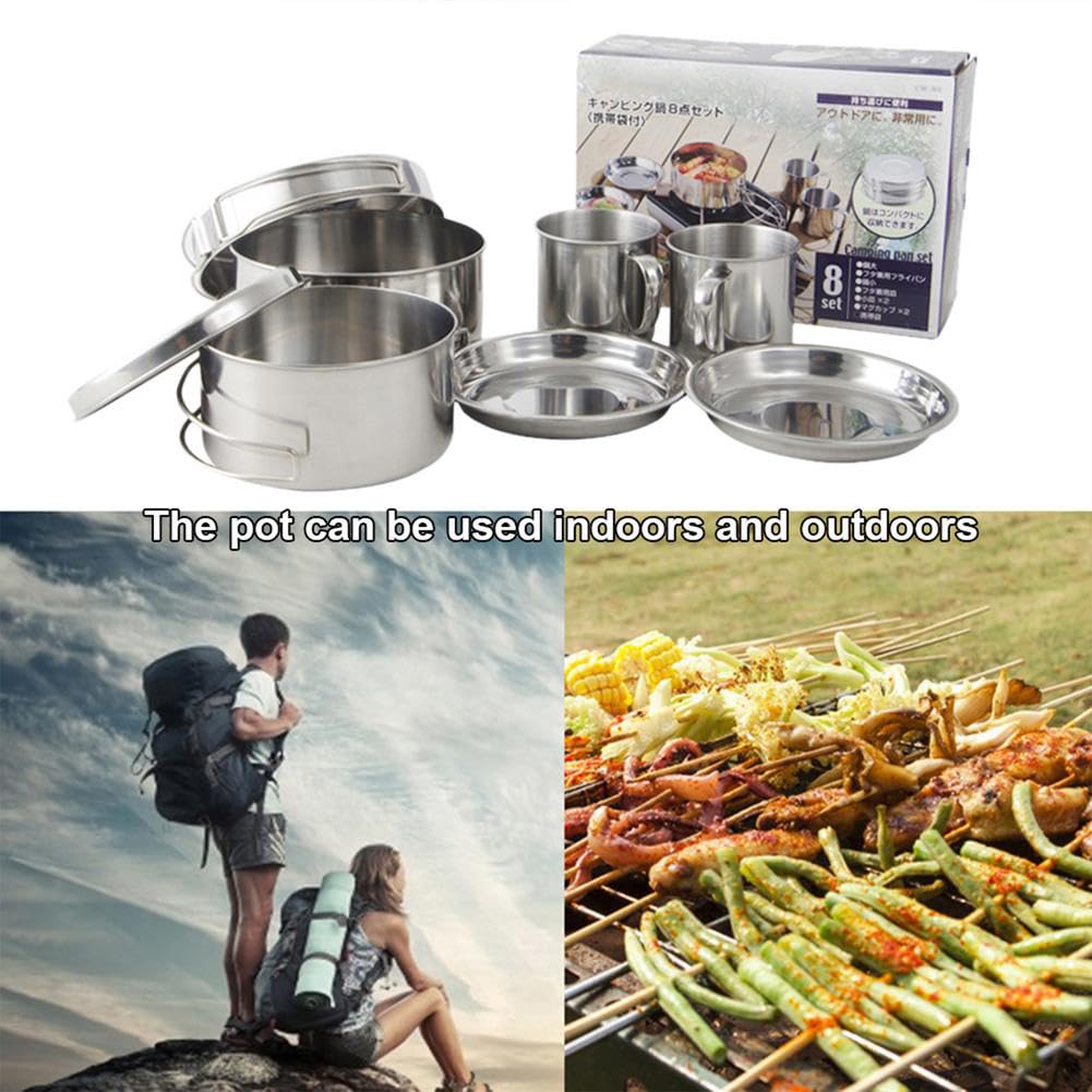 Gaderth Camping Cookware, 8PCS Camping Cookware Mess Kit, Mini Picnic Camping Cooking Mess Kit with Pot/Pan/Cups, Stainless Steel Cookware Kit for Outdoor Camping Backpacking Hiking Silver