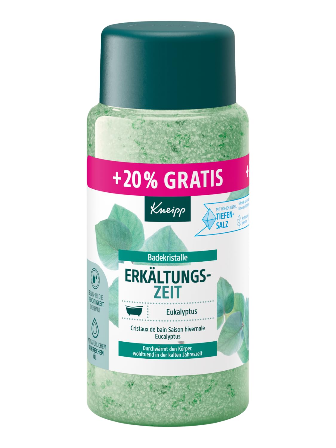 Kneipp Badekristalle Erkältungszeit, Badesalz -Sondergröße- mit naturreinem Tiefensalz der Saline Luisenhall und natürlichen ätherischen Ölen aus Eukalyptus und Minze, limitierte Edition, 720g