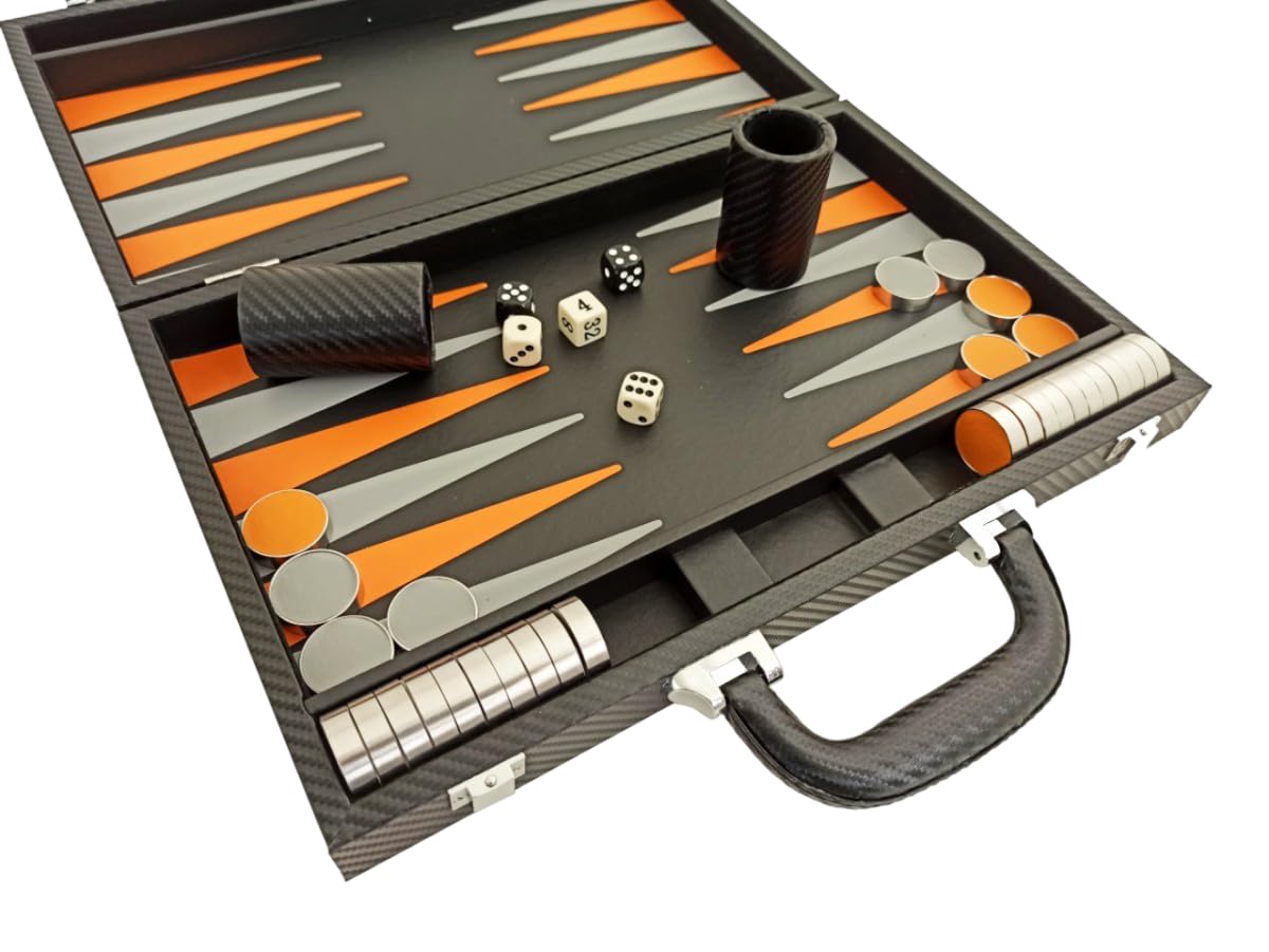 Luxury Carbon Imitation Finish Backgammon Briefcase Set for 2 Players, Ages 14+ Made in Italy by Italfama, 37.5 x 24.5cm Closed