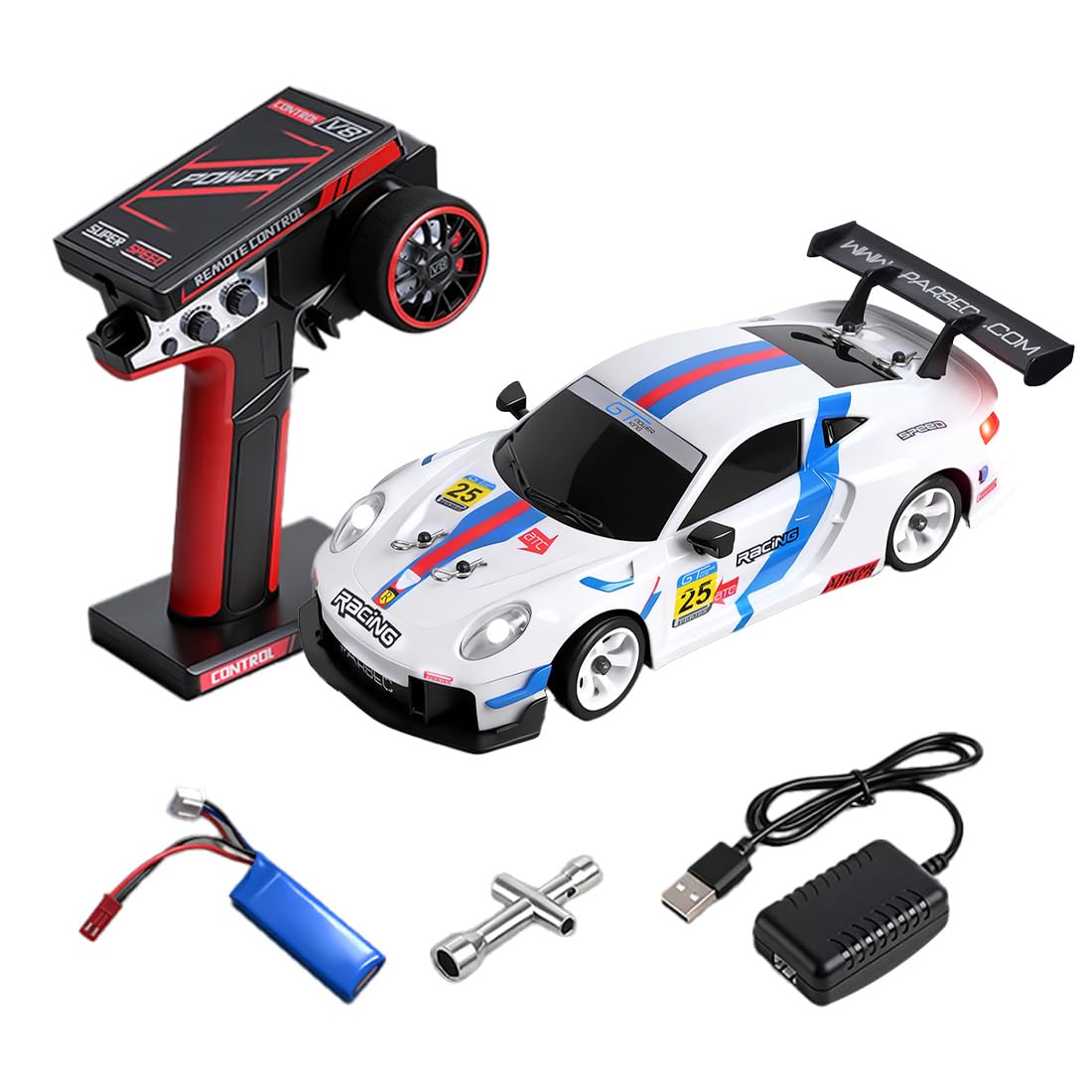 Auto da rally radiocomandata, scala 1:28, 2,4 GHz, 4WD, auto da corsa RC ad alta velocità (30 km/h), con illuminazione a LED, giroscopio e sospensione singola (bianco)