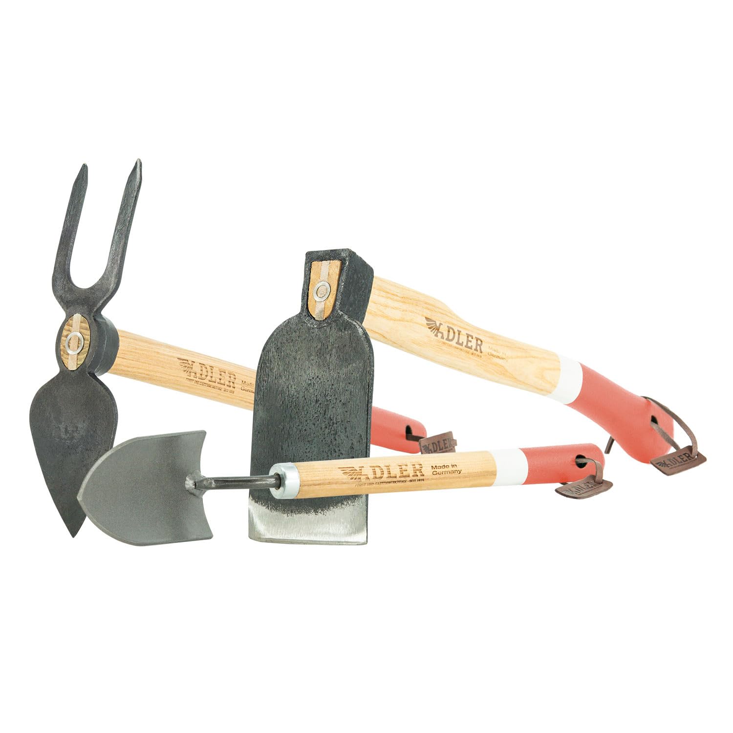 ADLER Set da giardino 3 pezzi – zappa forgiata Ivy & Cazzuola Holly – 45 cm manico in legno di frassino, certificato FSC® – Made in Germany (Daisy – 2 denti con foglia di cuore – rosa/bianco)