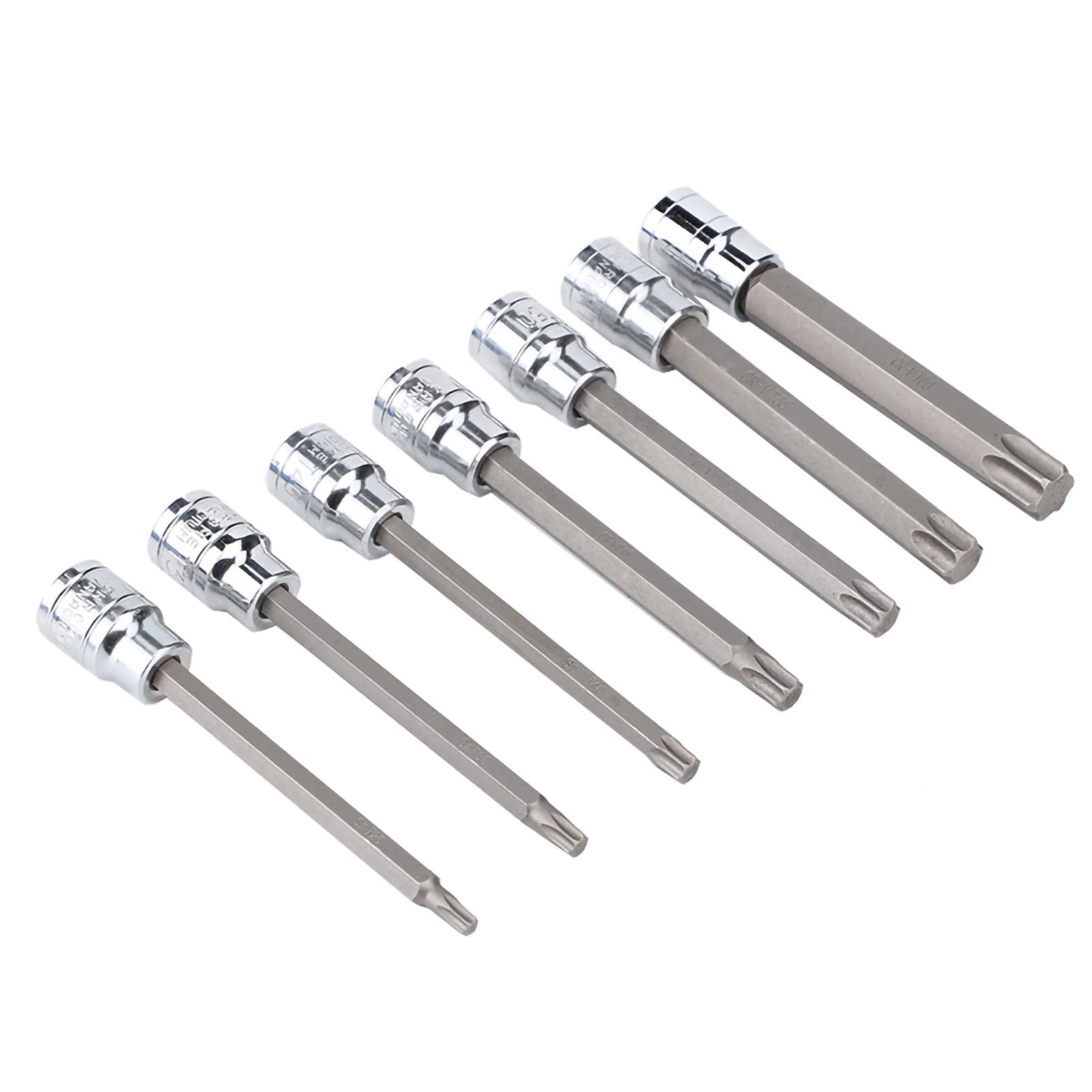 Set di chiavi a bussola e punte, 7 pezzi 3/8" in acciaio al cromo-vanadio Torx Star Bit Kit 110 mm Albero extra lungo T25 T30 T40 T45 T50 T55 T60 con custodia in plastica per cacciavite
