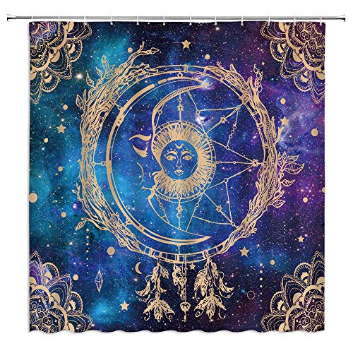 Sun And Moon Shower Curtain Celestial Vintage Burning Sun Sketch Galaxy Mystic Abstract Mandala Boho Medallion Purple Blue Fantasy Starry Night Art Bathroom Decor Set With Hooks（70" Wx70 H） #TOP20