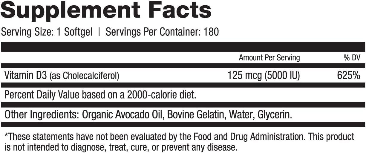 Essential Elements Vitamin D3 5000 IU Softgels with Avocado Oil to Boost Absorption Bone, Muscle & Immune Support