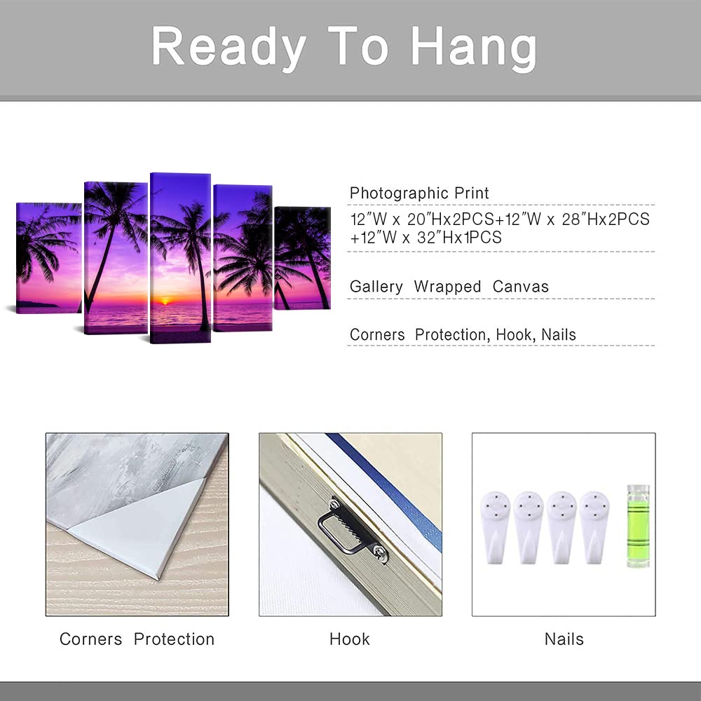 VANSEEING 5 Pieces Canvas Wall Art Tropical Palm Tree Beach Picture Purple Sunset Prints on Canvas Wall Decor Modern Hawaii Landscape Poster Artwork Bathroom Bedroom