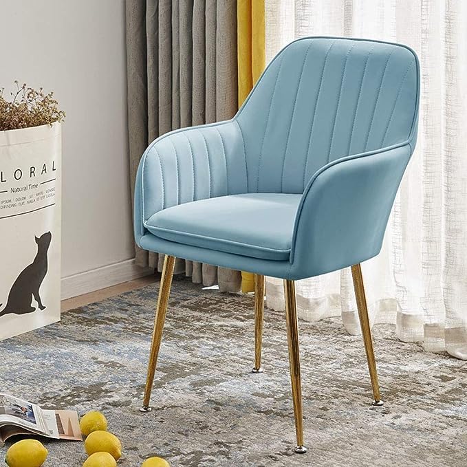 Velvet Upholstered Modern Accent Arm Chair for Living and Dining Room Mid-Century Club Guest Seat with Golden Stylish Legs (Sky Blue)-image-6