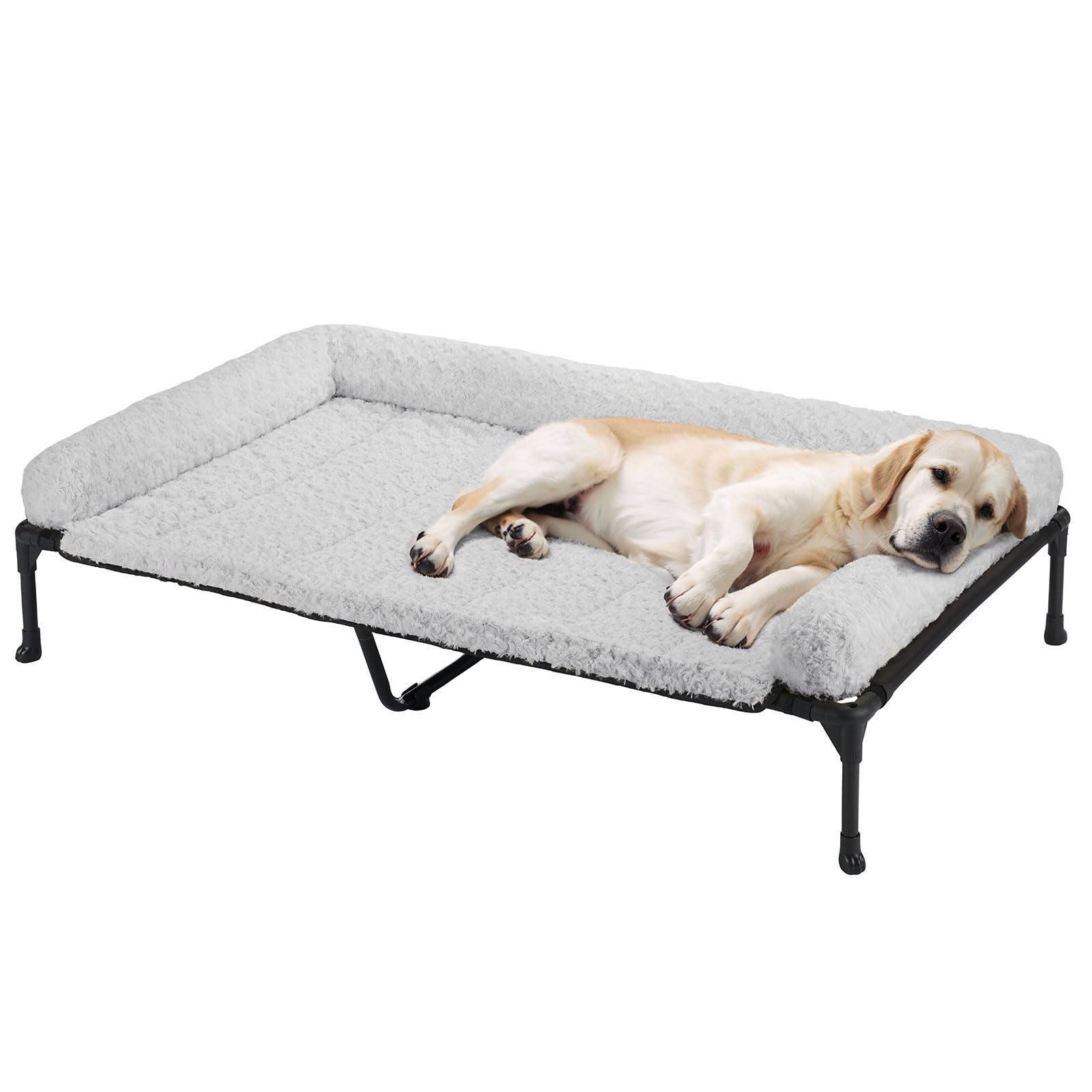 Veehoo Cooling Elevated Dog Bed Add Removable Deluxe Rose Plush Bolster Cushion Mat, 53" x 33" Washable Dog Couch Bed, Raised Pet Cot with Breathable Teslin Mesh, No-Slip Feet, Grey, CWC2439B