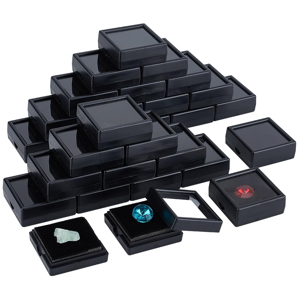 BENECREAT Paquete de 48 cajas de exhibición de piedras preciosas de plástico, caja de joyería negra con tapas transparentes, esponja para golosinas, gemas, monedas, diamantes, embalaje de regalo, 1.57