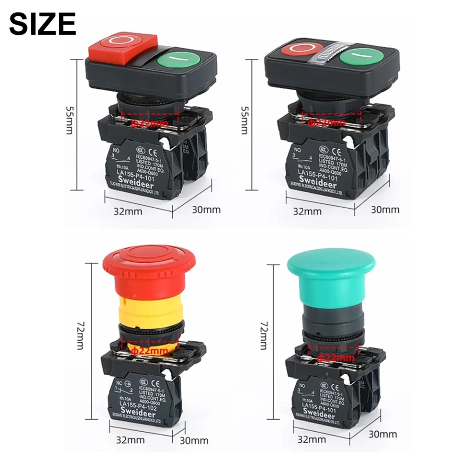 XB4 przełącznik dwuprzyciskowy ze światłem 22 mm, wyłącznik awaryjny, samoczynny przełącznik przyciskowy, 10 A (podwójny z LED A, 1NC, 24 V)