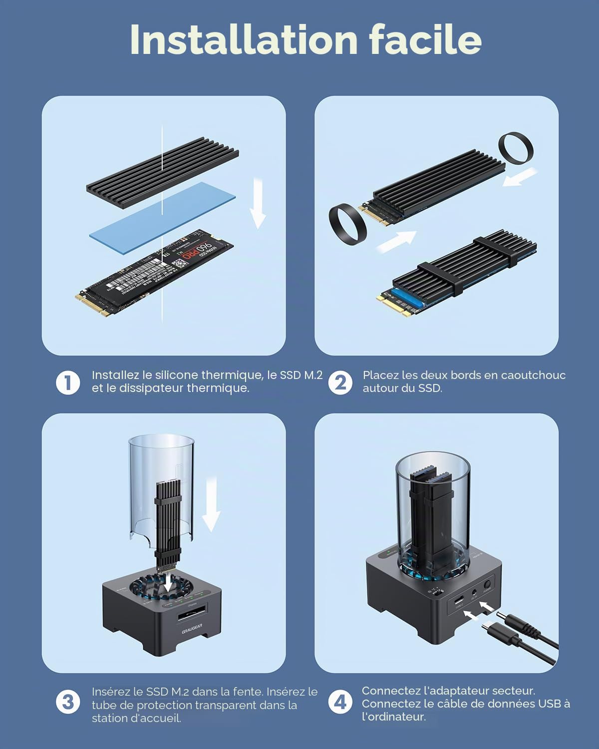 Station d'accueil SSD M.2, chipset JMS581LT pour Tous Les SSD NVMe et NGFF, Lecteur de Carte CFexpress Type B, USB3.2 Gen2 10 Gbit/s, Ventilateur Silencieux 60 mm, 2 câbles, Bloc d'alimentation