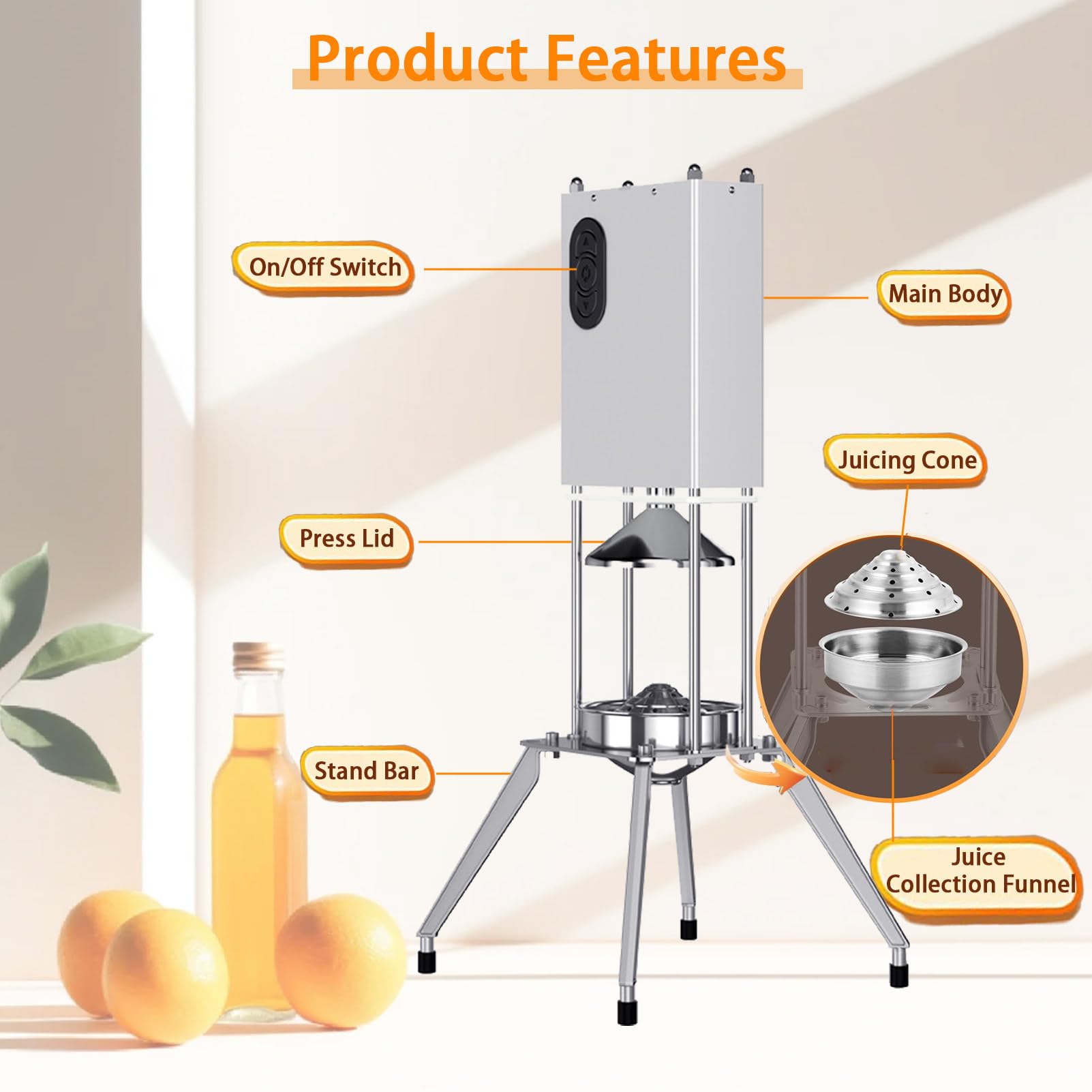 Spremiagrumi Elettrico 200W, Spremuta Arancia Elettrico Estrattore Frutta e Verdura, Macchina per Succo da 1,2L, Lavabile in Lavastoviglie