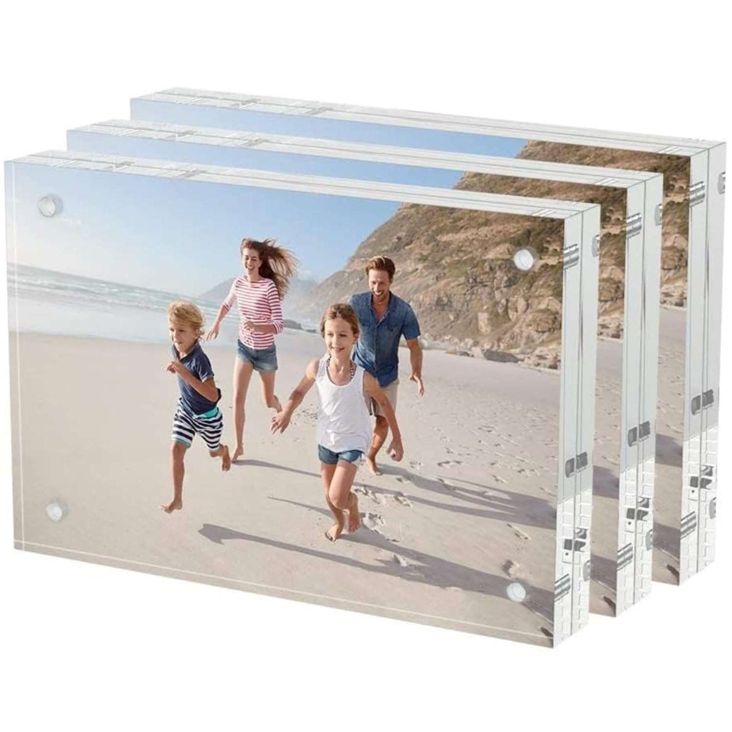 3Pack Acrylic Picture Frames 4 x 6 inch – Magnetic Clear Acrylic Photo Block Frameless Picture Frames – A6 Double-Sided Display Standing Desk Frame for Photos, Signs, Pictures – 10 + 10mm Thickness