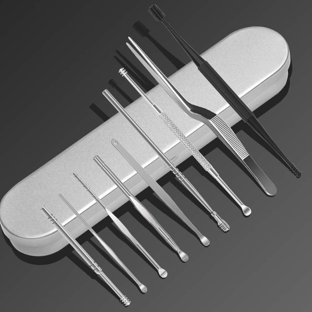 Pulisci Orecchie, Kit di Rimozione del Cerume, 9 Pezzi di Strumenti per Pulizia dell’Orecchio in Acciaio Inox, Professionale Pinzetta Curva Curetta Doppio-Punto Spirale con Scatola per Adulti Bambini