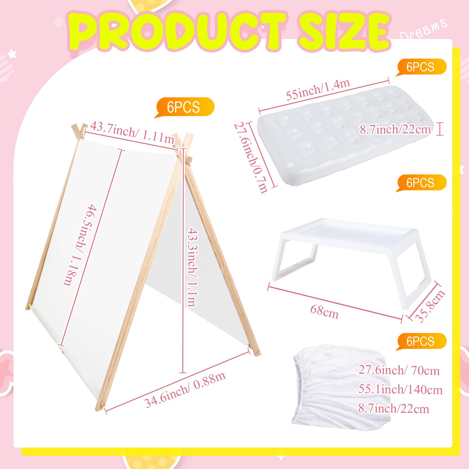 Wesnoy 4 Set Kid Teepee Tent, Inflatable Airbed Fitted Sheet and Bed Tray Table with Folding Leg Foldable Toddler Play Tent White Washable for Boy Girl Indoor Outdoor Slumber Sleepover Party