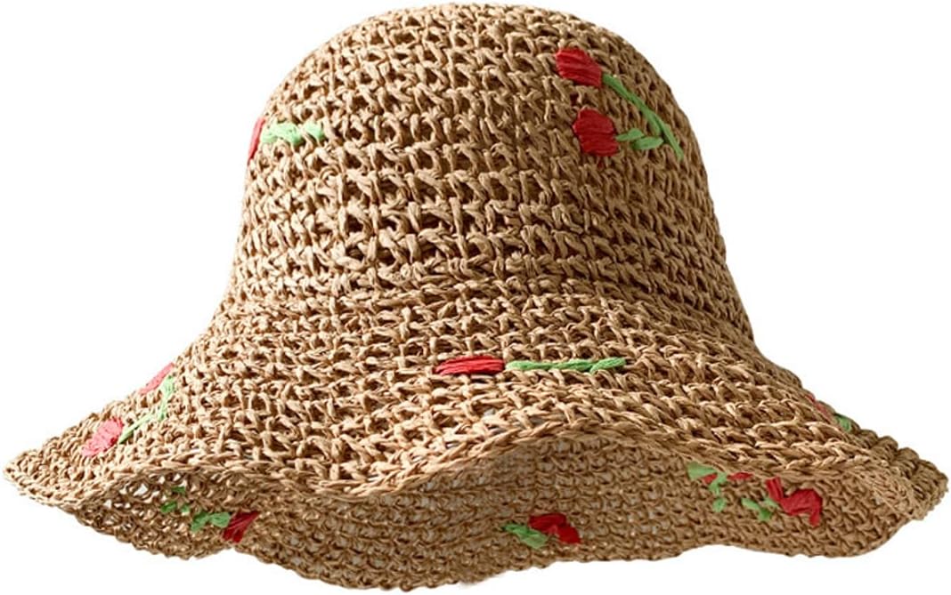 Women Floppy Straw Sun Hat Wide Brim Floral Beach Hat Packable Roll up Bucket Cap UPF 50+