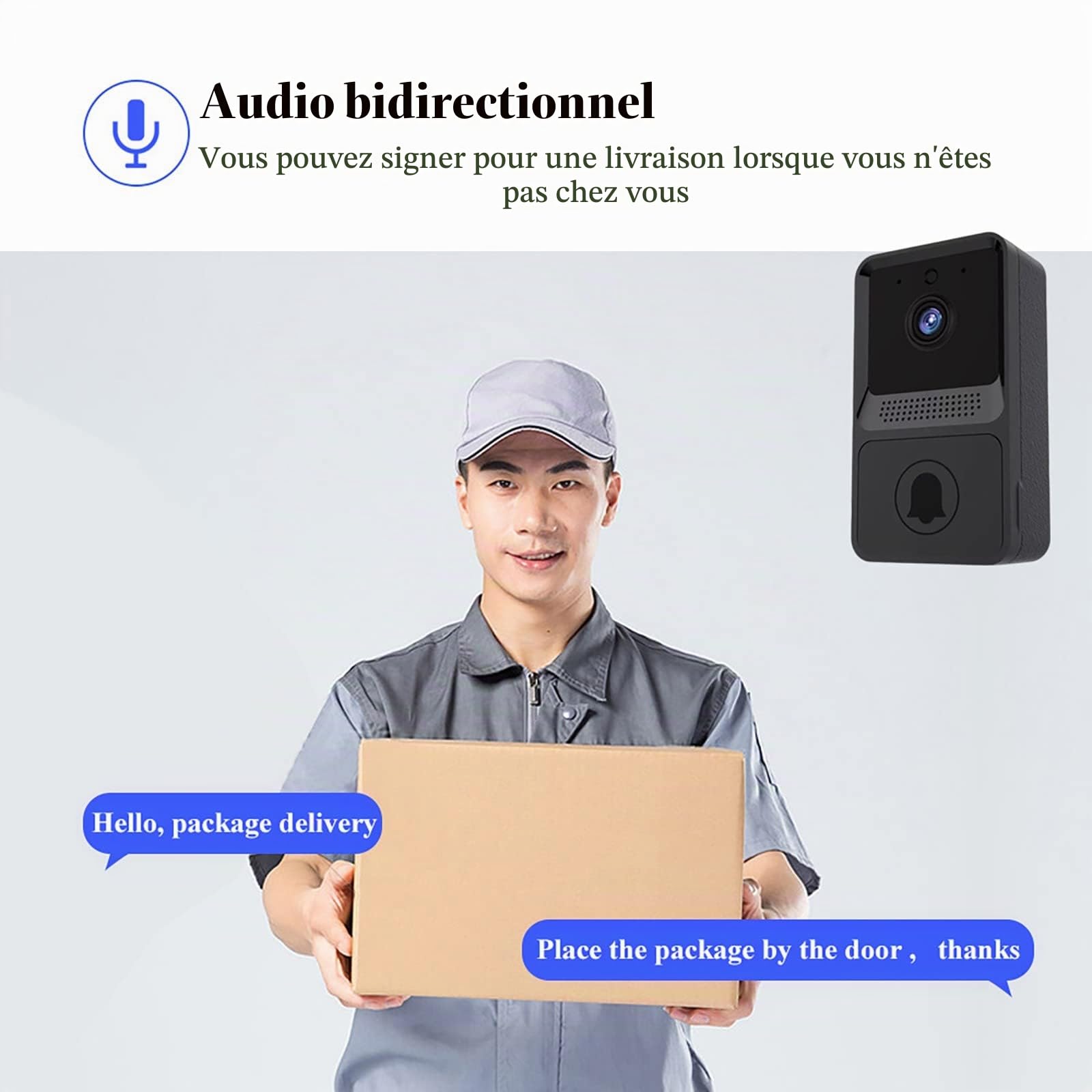 Sonnette Vidéo sans Fil, Sonnette Connectée Compatible Alexa Fonctionnant avec Google Assistant, Sonnette Connectée sans Fil 1080p Camera avec Batterie, Audio Bidirectionnel, PIR & Vision Nocturne