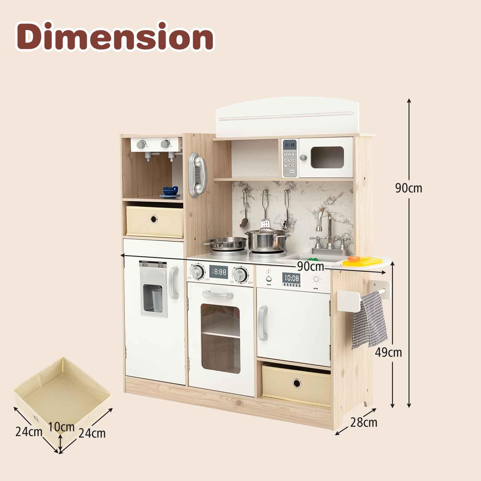 HOMASIS Cucina Giocattolo con Luci LED Regolabili, Cucina Realistica in Legno con Cestini in Tessuto Removibili, Macchina per Caffè, Frigorifero, Cucinetta per Bambini dai 3 Anni in su