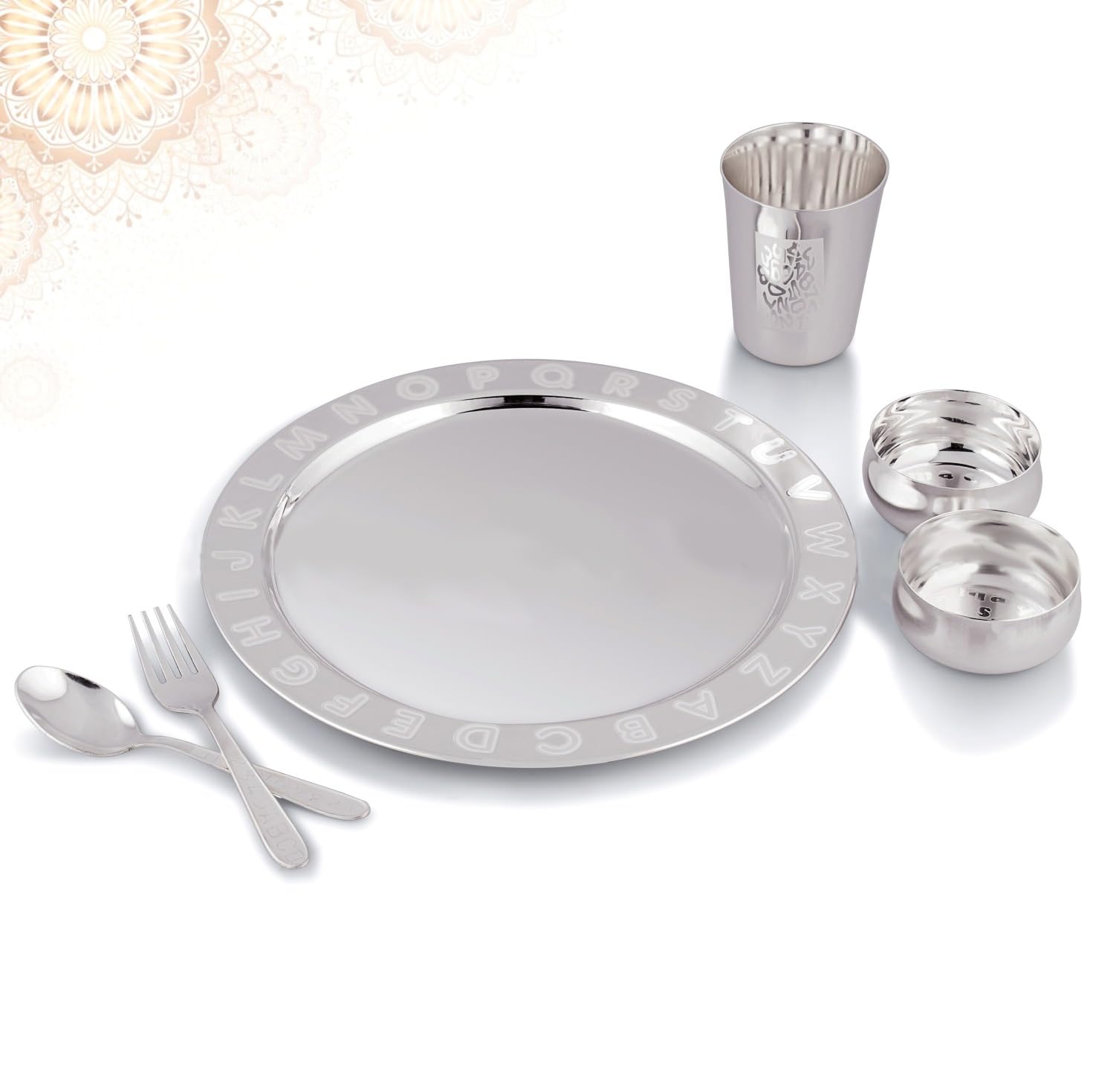 BENGALEN Service de table plaqué argent avec boîte cadeau ondulée pour cérémonie du riz pour bébé Annaprashan Sanskar Cadeaux pour garçons et filles