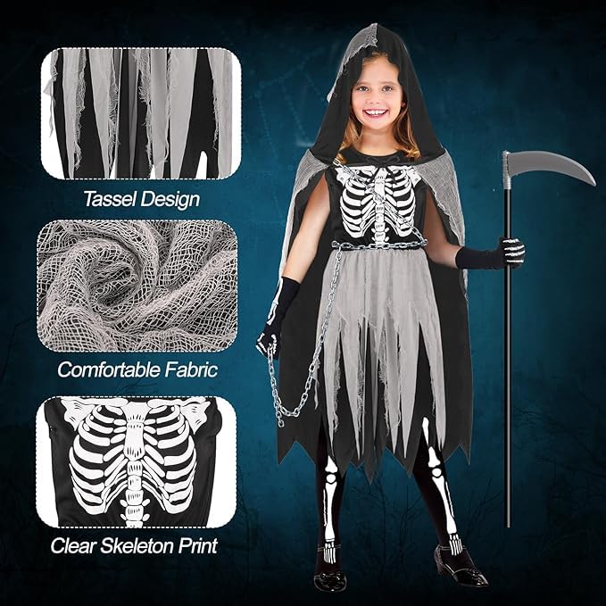 Grim Reaper Costume Kids Girls Skeleton Costume Kids 12-13-14 Years Halloween Grim Reaper Robe Death Skeleton Dress Girls Grim Reaper Cloak Black Halloween Scythe Gloves Skeletons (XXL (12-14 Years)) - Image 4