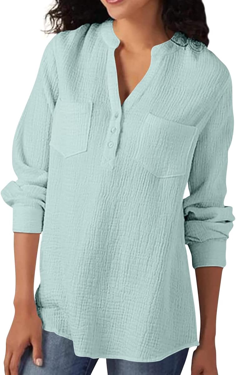 Womens 100% Cotton Tunic Long Sleeve V Neck Gauze Shirt Casual Work Lounge Blouse Tops
