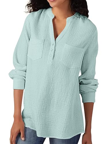 Womens 100% Cotton Tunic Long Sleeve V Neck Gauze Shirt