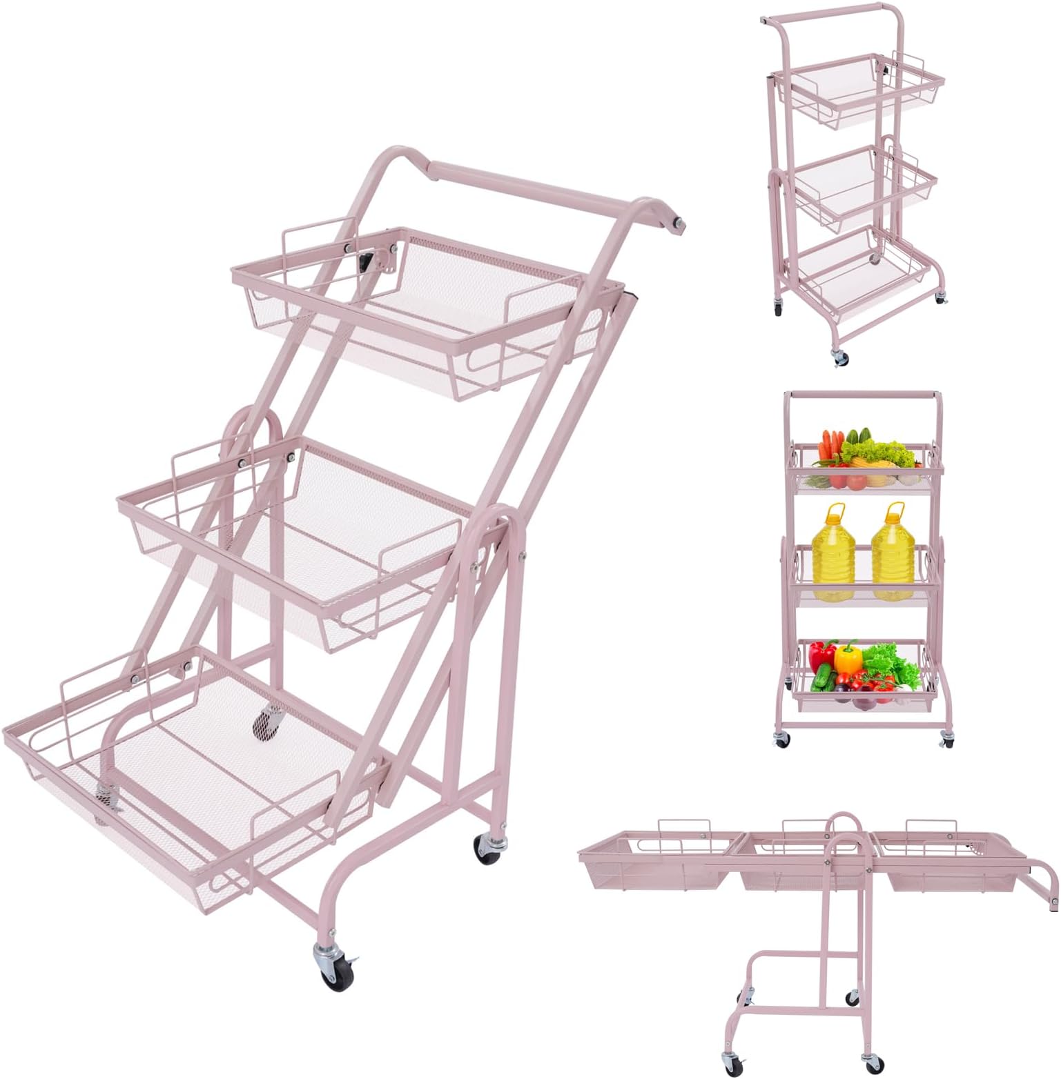 3 Tier Foldable Rolling Cart Metal Rolling Utility Cart Adjustable Movable Storage Organizer with Handle and Lockable Wheels for Kitchen Living Room Office (Pink)