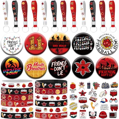 84Pcs Stranger Brithday Party Decorations Red and Black Theme Party Supplies Include 12 Rubber Bracelets 12 Keychain Wristbands 10 Button Pins and 50 Horror Elemental Stickers for Brithday Decorations