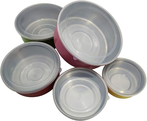 Miniatura 6 de 5 tazones coloridos de acero inoxidable con tapas de plástico, contenedor multifuncional para alimentos de cocina para el hogar, juego de cuencos