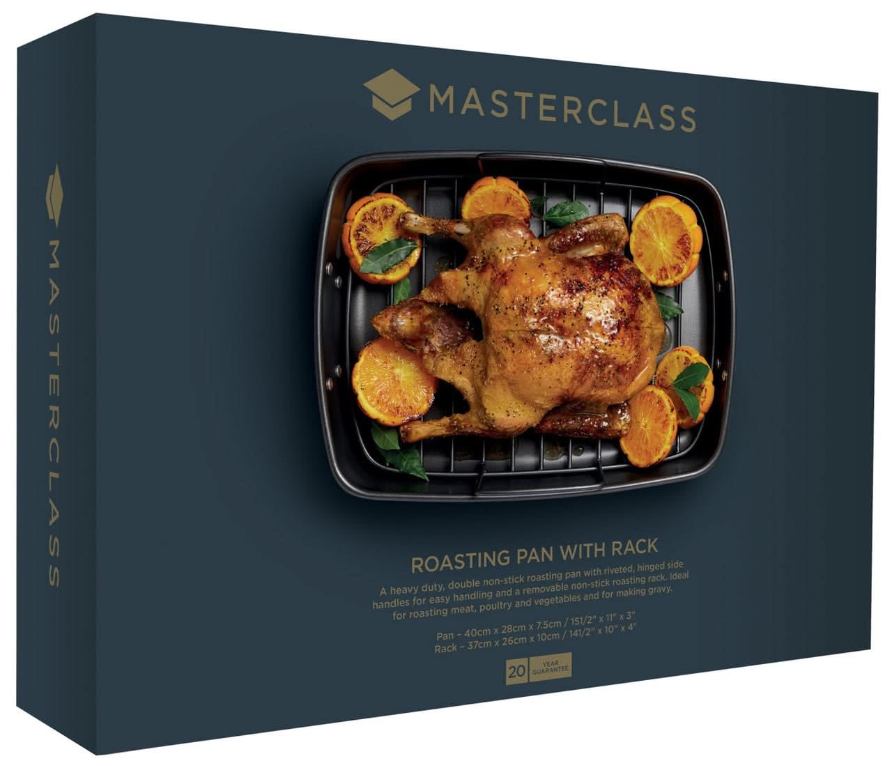 MasterClass Deep Roasting Tin mit Rack, Bratgeschirr für Backofen und Herd, Heavy Duty, rostfrei mit PTFE, PFOA und BPA frei Antihaft, spülmaschinenfest, 20-Jahres-Garantie, 40x28cm