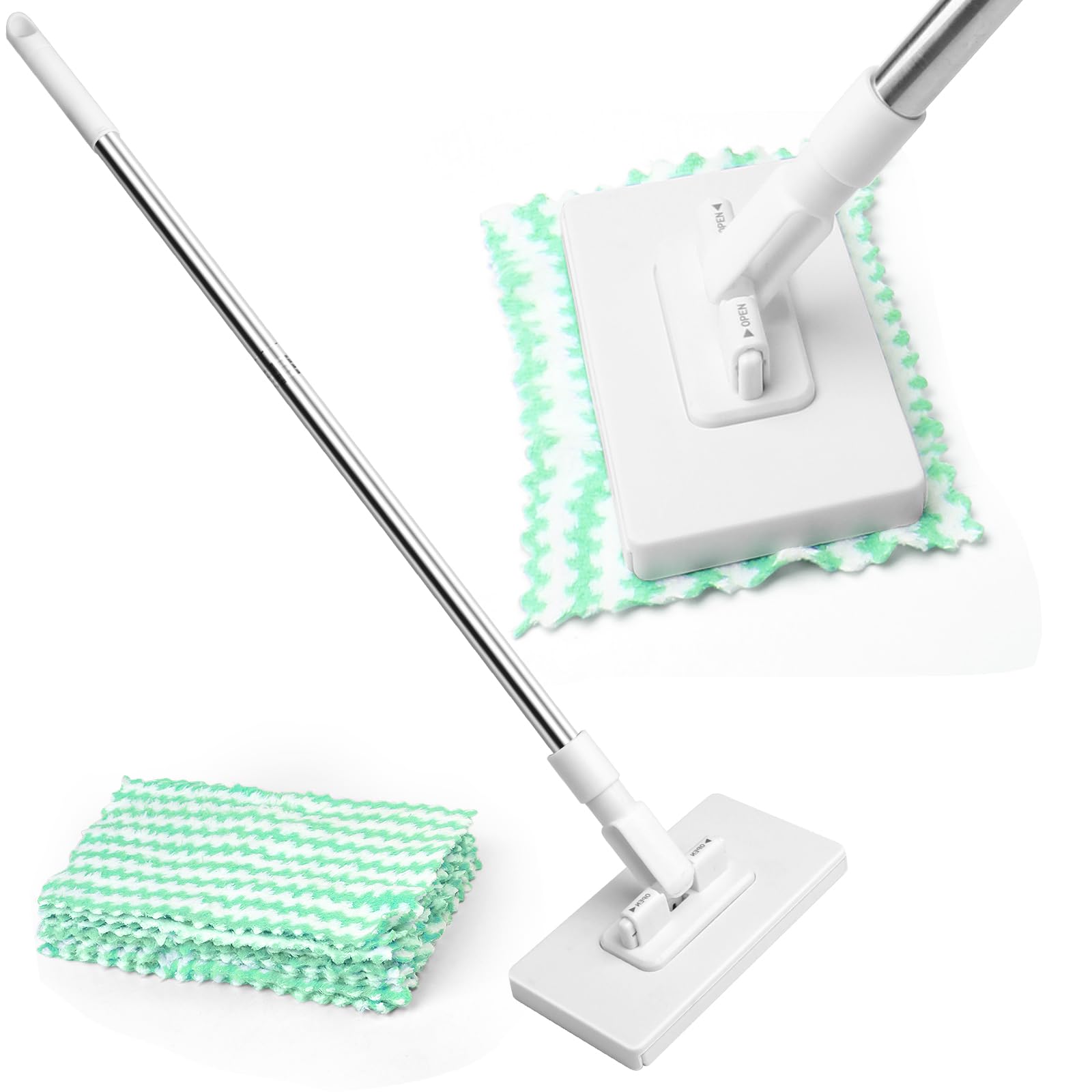 Balai Serpillère Plat avec Système de Serrage à Pression - 10 Lingettes Microfibres Incluses, Manche Télescopique 100 cm, Nettoyage Sol Sec et Humide, sans Se Salir Les Mains, pour Maison et Bureau - 1