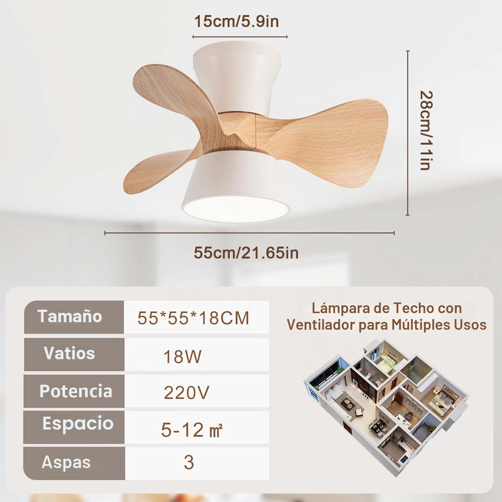 Ventilador De Techo Con Luz Silencioso LED Regulable Lampara Ventilador DC Reversible 6 Velocidades Timer Pequeña Ceiling Fan with Light Para El Dormitorio De Los Niños Salón-Wood Grain