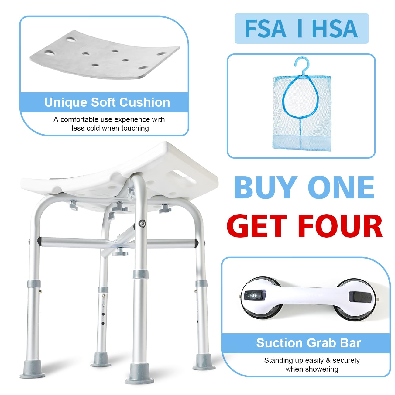 Silla de ducha para ducha interior, asiento de ducha acolchado elegible por la FSA con barra de agarre, sillas de baño ajustables para bañera, taburete de ducha para ancianos/personas