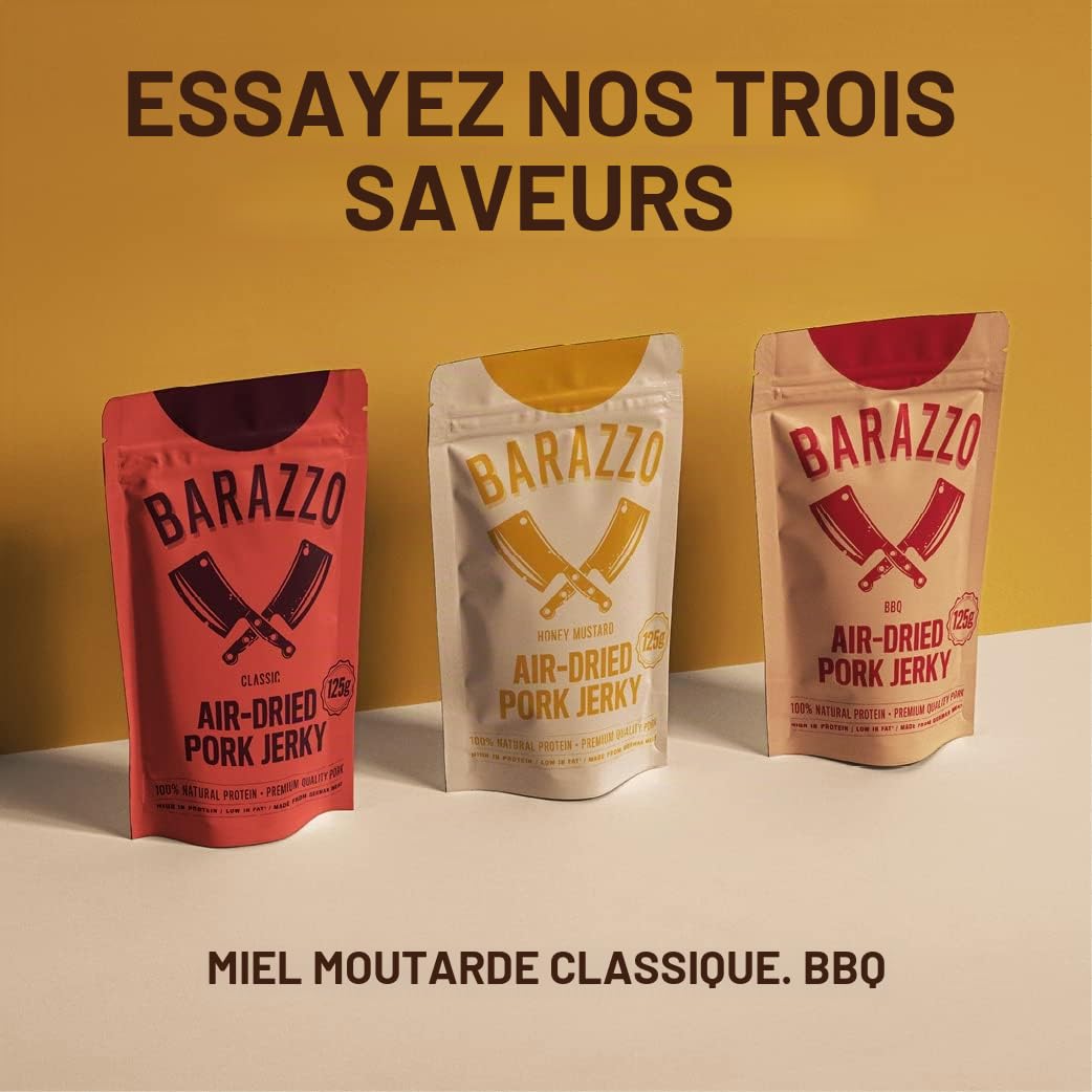 Barazzo Pork Jerky Honey Mustard | 1 kg (2x500g maxi sachet) | 100% Viande séchée régionale Premium | Beef Jerky/Biltong