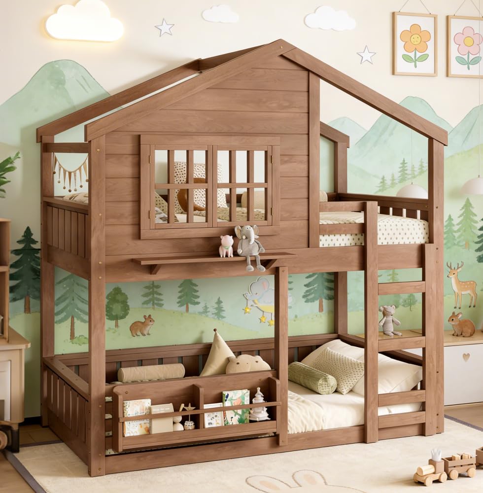 Bellemave Bunk Bed Twin Over Twin with Ladder, House Bunk Beds with Bookshelf and Window for Kids, Teens, Natural