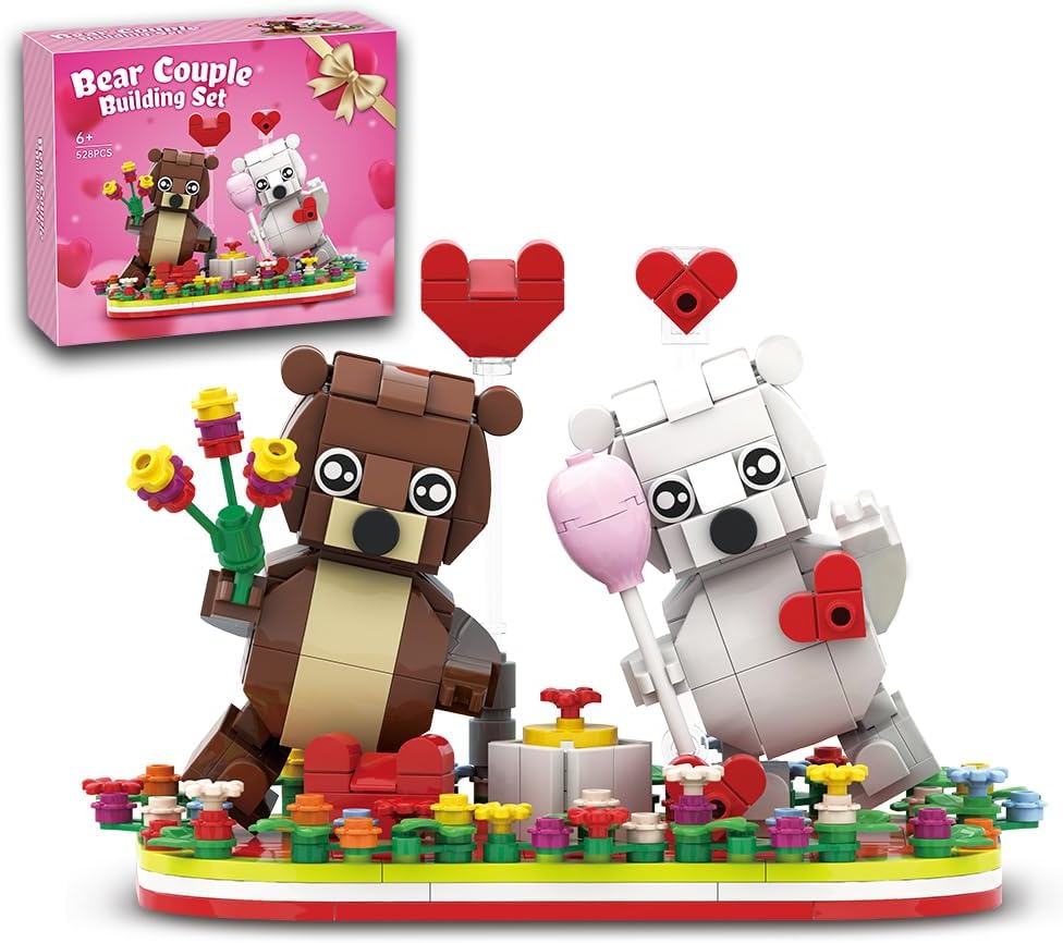 Valentines Brown and White Dancing Bear Couple Building Blocks Set Toy, Valentine‘s Day Love Heart Ornament, Gift Toy School Classroom Gift Exchange for Kids (Valentines Bears Set)