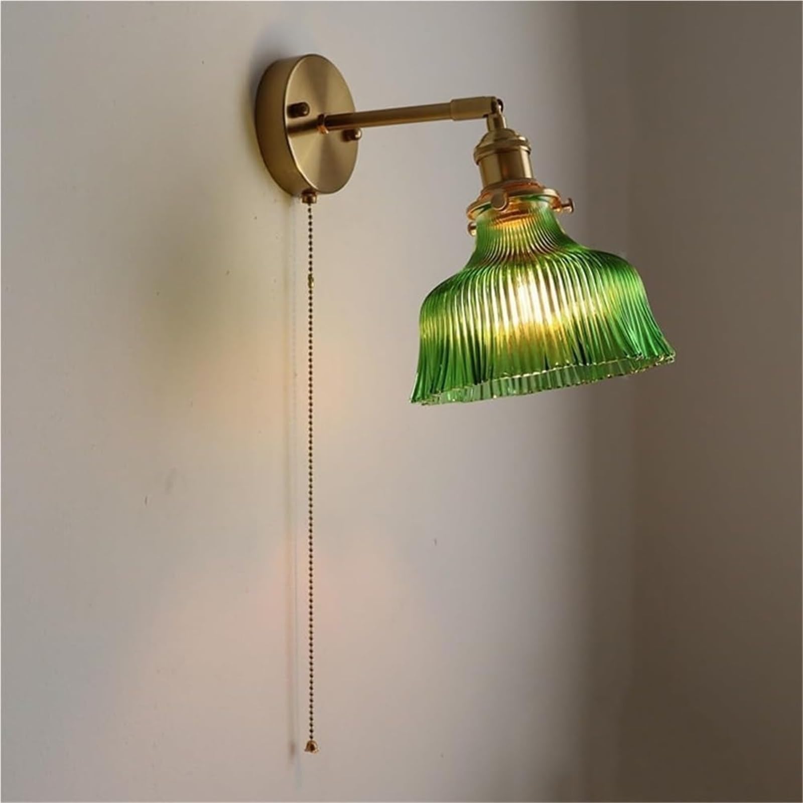 Générique Zielona szklana lampa ścienna w kształcie kwiatu - regulowane ramię z antycznego mosiądzu z łańcuszkiem, nowoczesna lampa wiejska do sypialni i salonu (zielona)