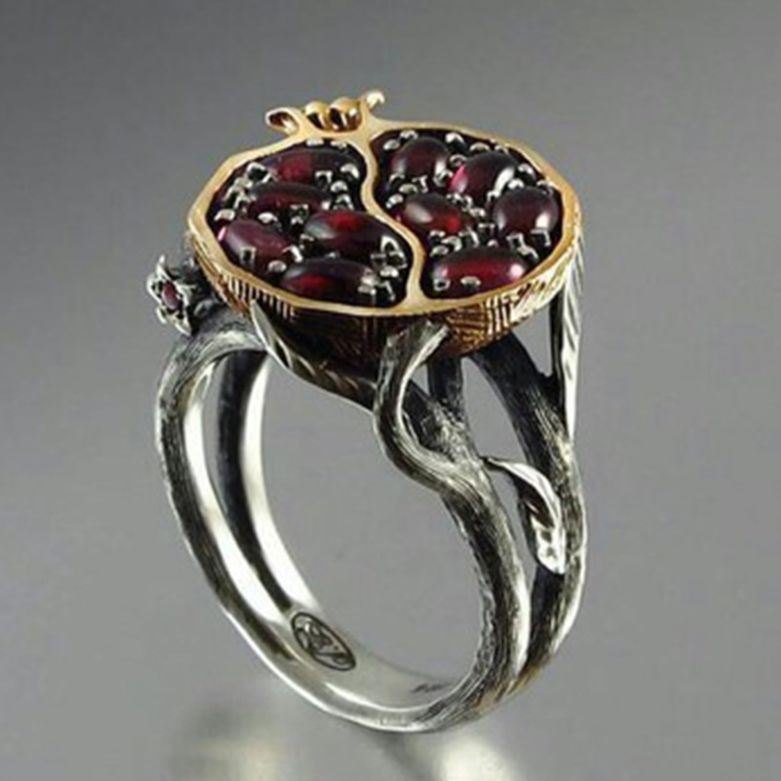 XDHLDULYK Garnet Ring, Tree Vine Black Gold Statement Ring Ruby Engagement Rings for Wife Girlfriend, Pomegranate Shaped Birthstone Ring Silver Ring Jewelry Gift for Women, Handmade Anniversary Ring