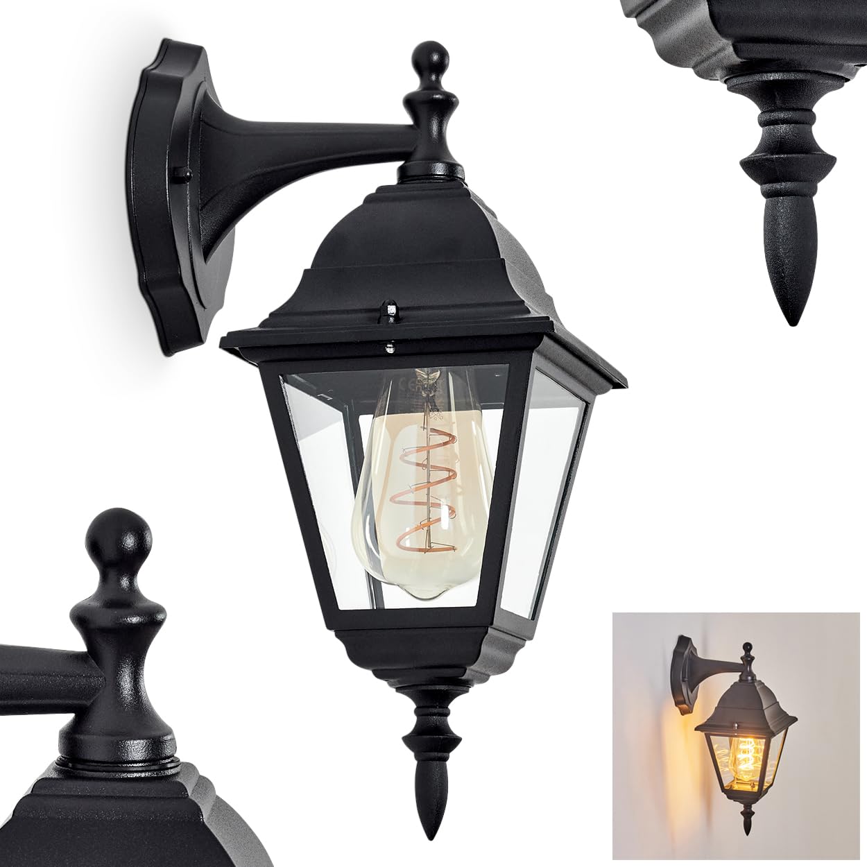 Hofstein Black Outdoor Wall Lamp Naofe, Wall Lamp Downwards In Antique Look Made Of Metal/Glass In /Clear, Wall Light In Classic Country House Style, Outdoor Lamp For Terrace, E27, Without Bulb, Ip44