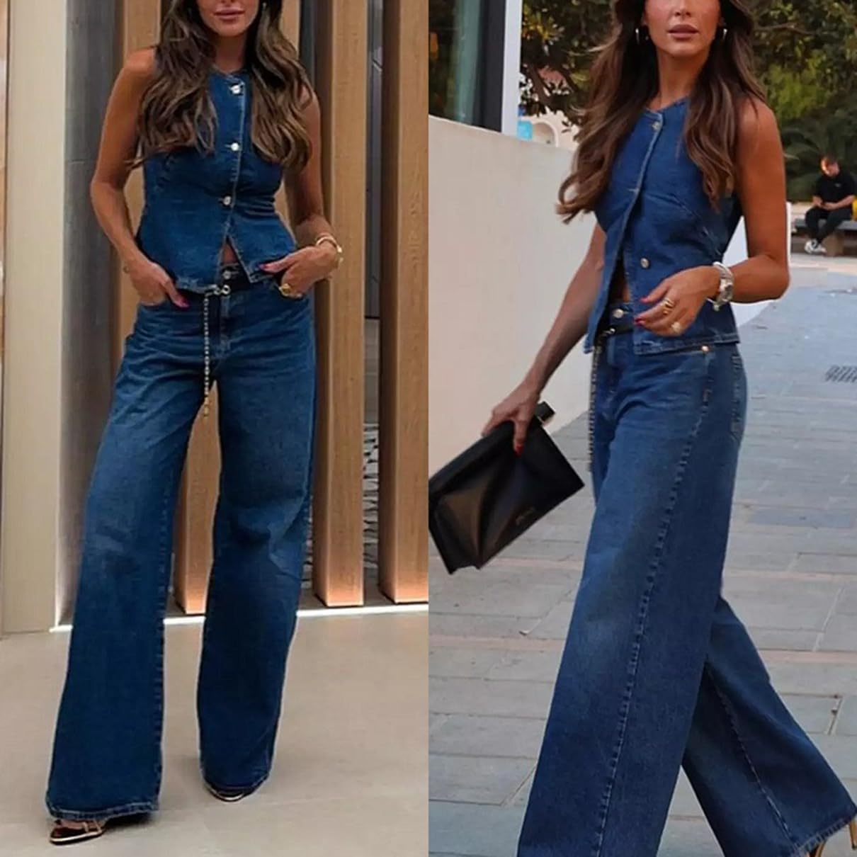 Conjunto de Dos Piezas para Mujer Top Corto sin Mangas y Vaqueros de Pierna Ancha, Conjunto Informal de Dos Piezas