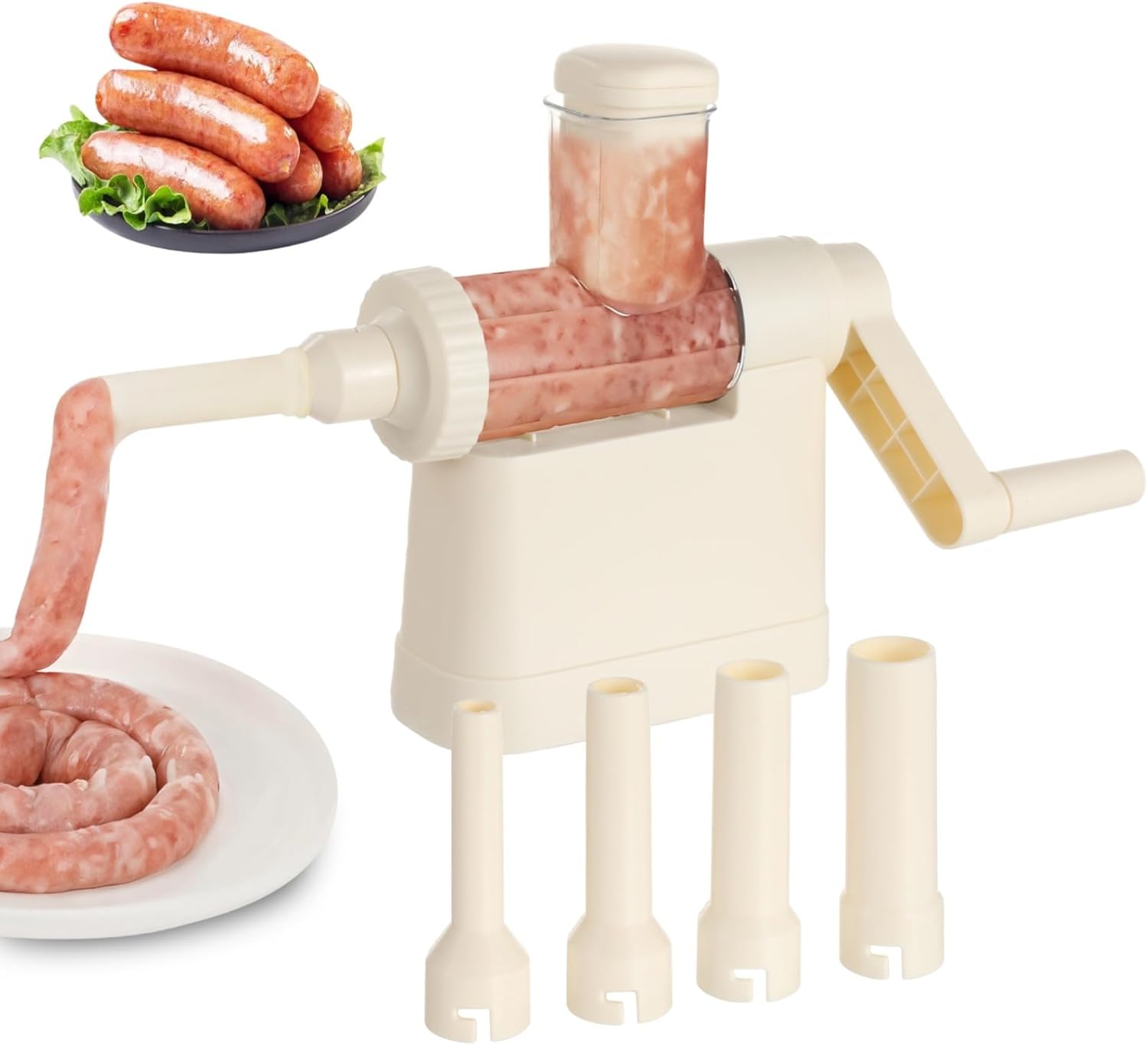 Sausage Meat Stuffer with 4 Tubes for Homemade Sausage, Easy Filling Machine for Bratwurst, Hot Dogs, Meatballs, Manual Meat Grinder, Kitchen & Butcher Shop