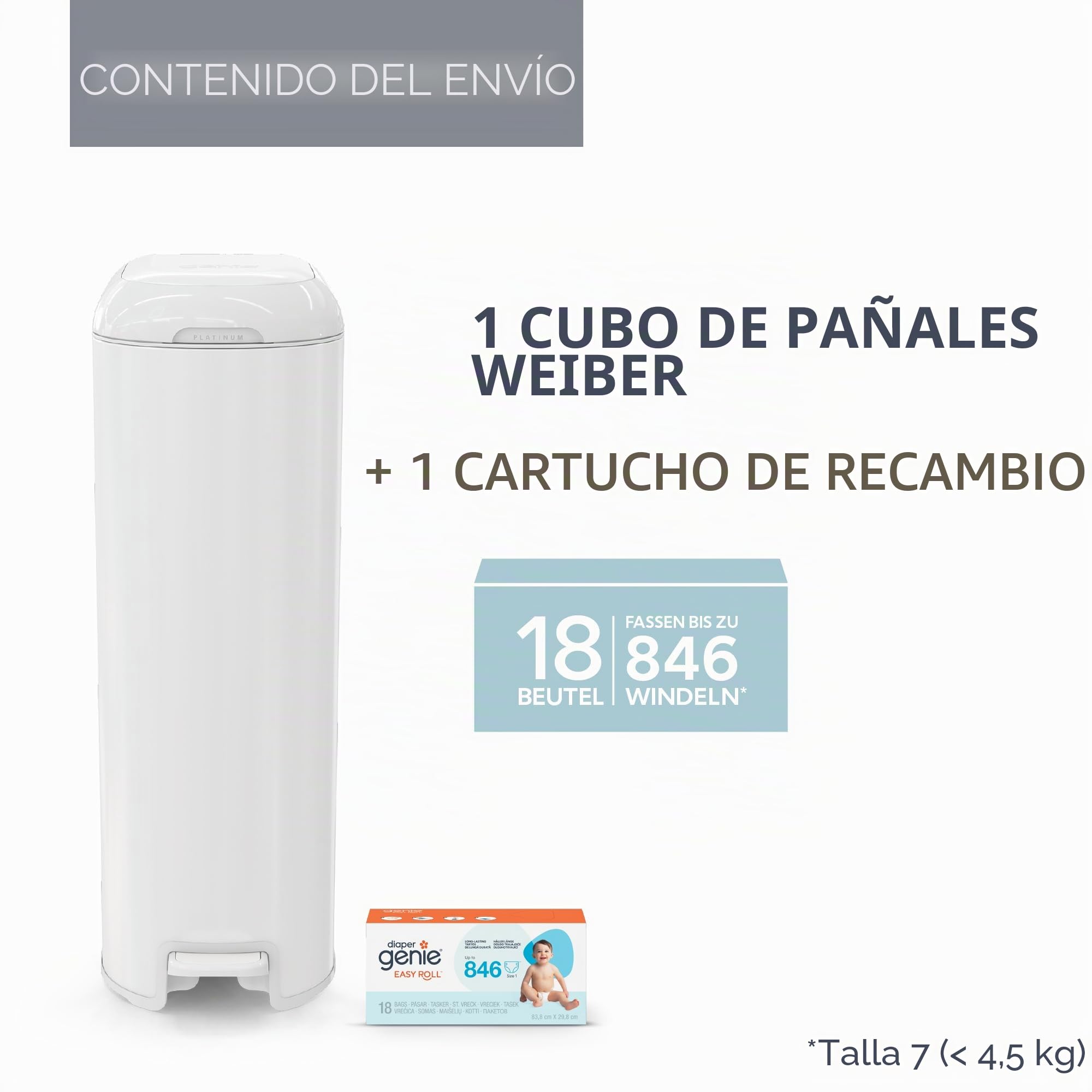 Diaper Genie - Cubo de basura con pañales (1 recarga Easy Roll, 18 bolsas) EU, Blanco Lys