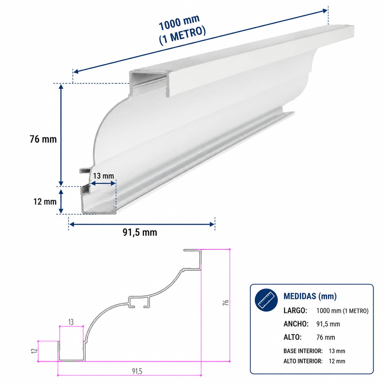 Jandei – Pack 4 Perfiles de Doble Cara para Colocación de Tiras Led en Cornisas, Longitud 1 Metro, Acabado Aluminio Blanco. Cada Perfil Incluye Dos Difusores
