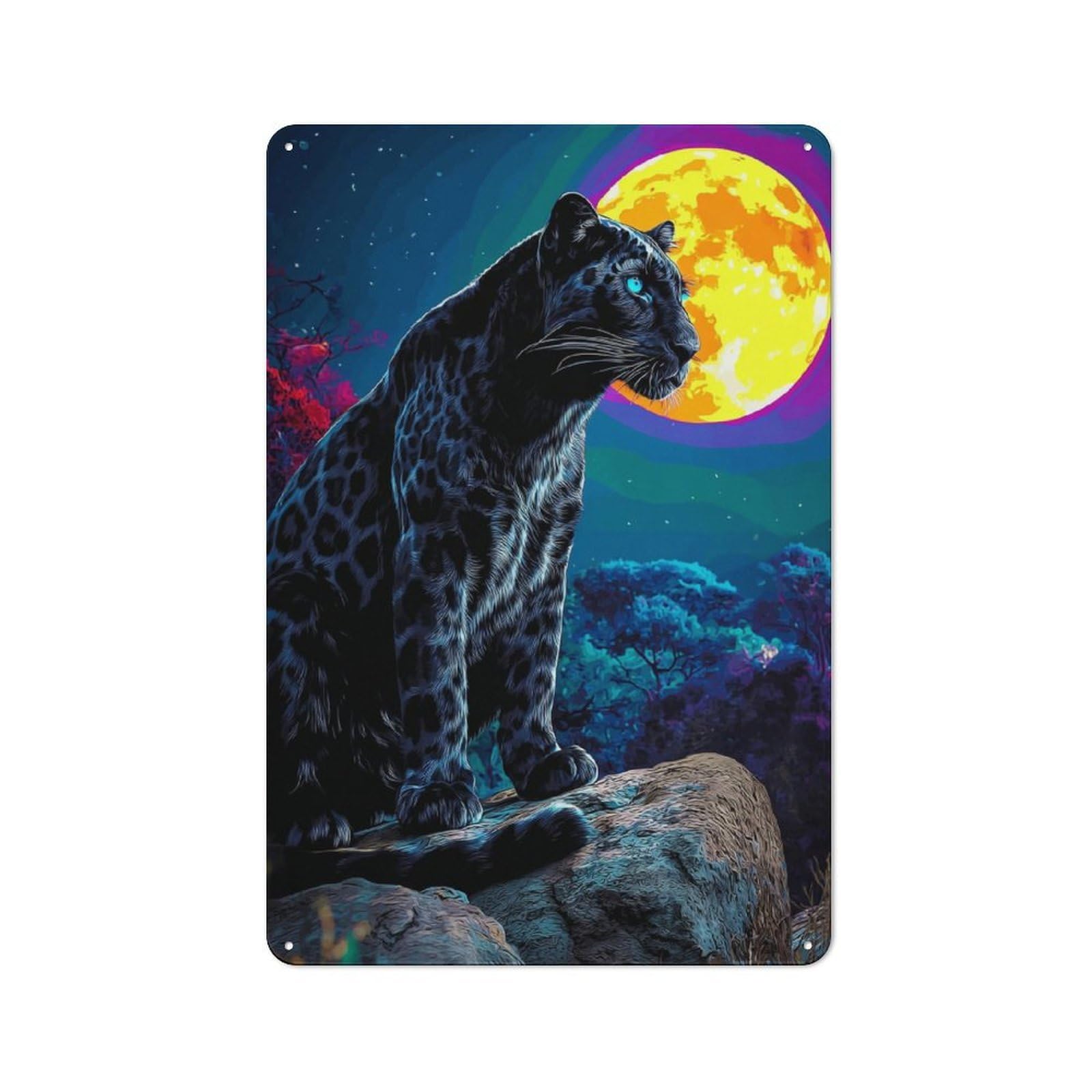 Junmoney Black Panther Under The Moonlit Sky Retro Metal Wall Sign 30X20cm For Café Or Home Bar, For Home Bar Enthusiasts, For Retro Home Interiors