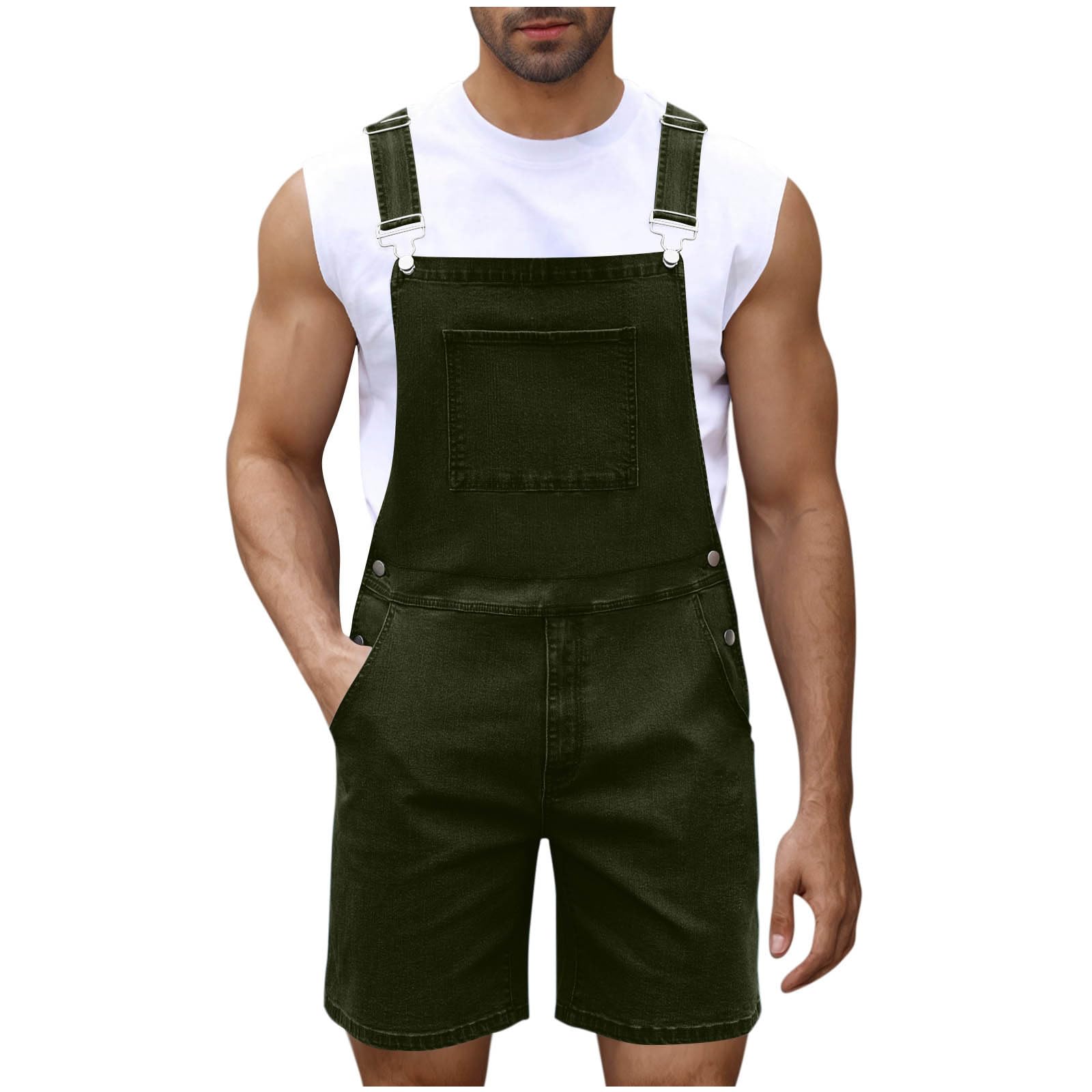 Salopette da uomo in denim salopette e bretelle salopette con tasca con cerniera tuta corta tinta unita casual jeans pantaloncini tuta da lavoro