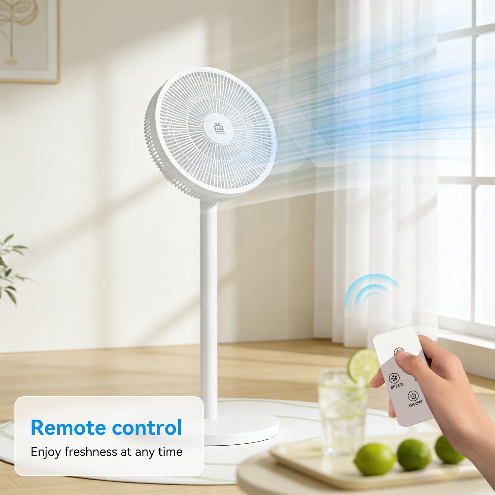 Ventiladores de pie con varilla extraíble, 3 niveles de velocidad, oscilación de 90° + inclinación de 35°, mando a distancia incluido, modo de ahorro de energía de 50W para dormitorio, oficina, salón