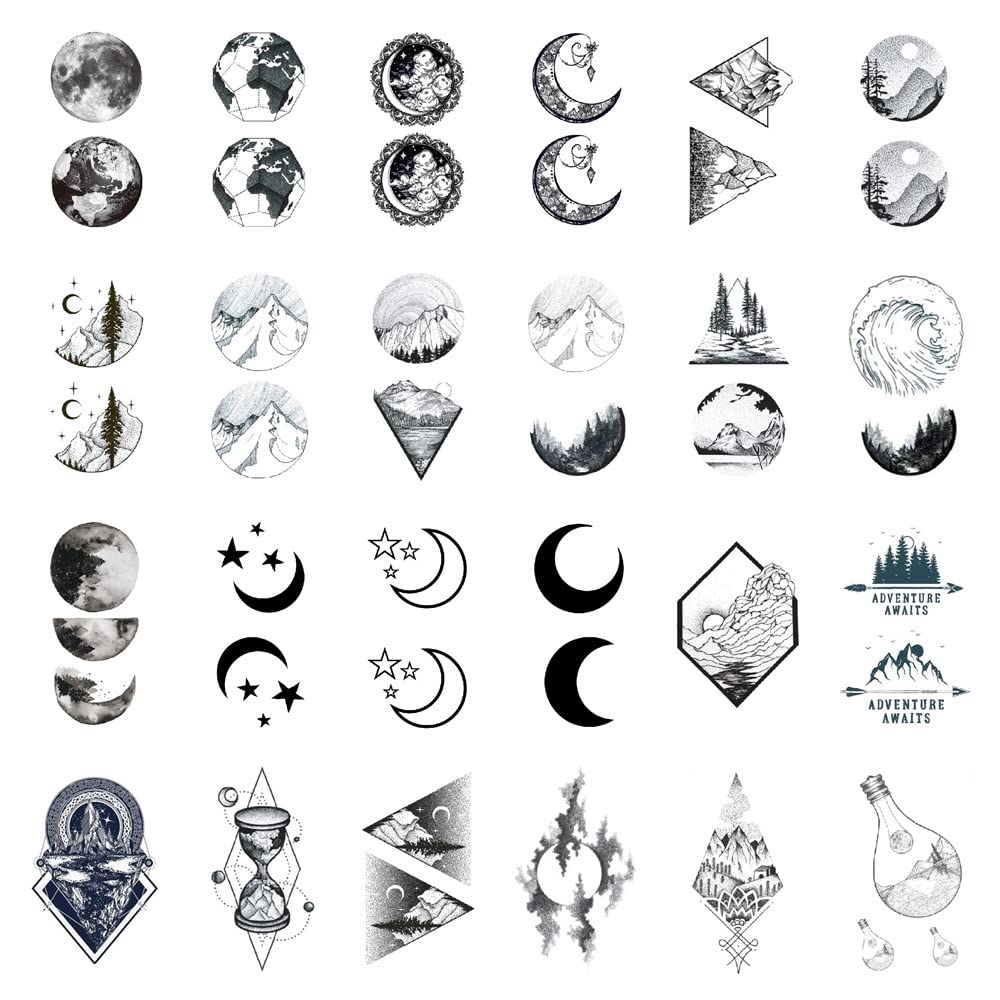 Compass Temporary Tattoo Sticker Waterproof Mountain Ocean Moon Planet Vintage Geometry Adult Men Women Body Art 10.5X6cm Set of 24 (SF189)
