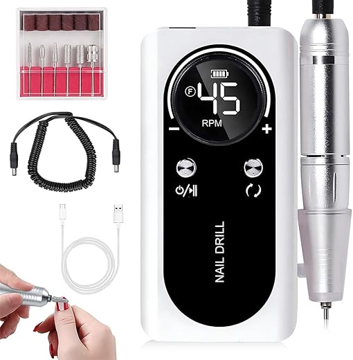 MAYCREATE® Electric Nail Drill Machine Kit 45000RPM Professional Bi-directional Nail Drill LCD Display Electric Nail Drill with 5 Attachment Bits & Sanding Paper Cordless…