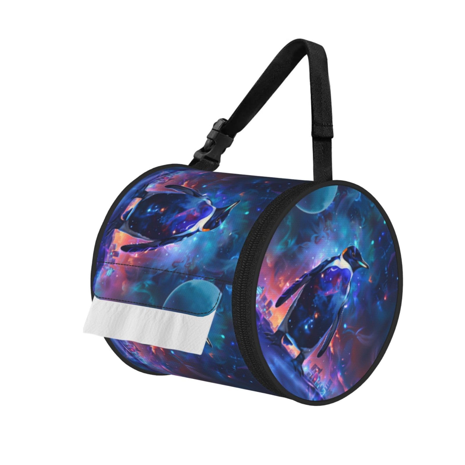 Penguin Theme Print Round Tissue Dispenser Bag With Carry Strap, Portable Roll Holder For Car Travel Home